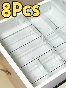 8pcs/Set Acrylic Drawer Organizer Set - Transparent Plastic Storage For Cosmetics, Bathroom, Office, Kitchen & Bedroom.Clear Plastic Makeup Organizer Set, Stackable Cosmetic Storage Bins With Dividers For Vanity Drawer, Desk Countertop Organization,