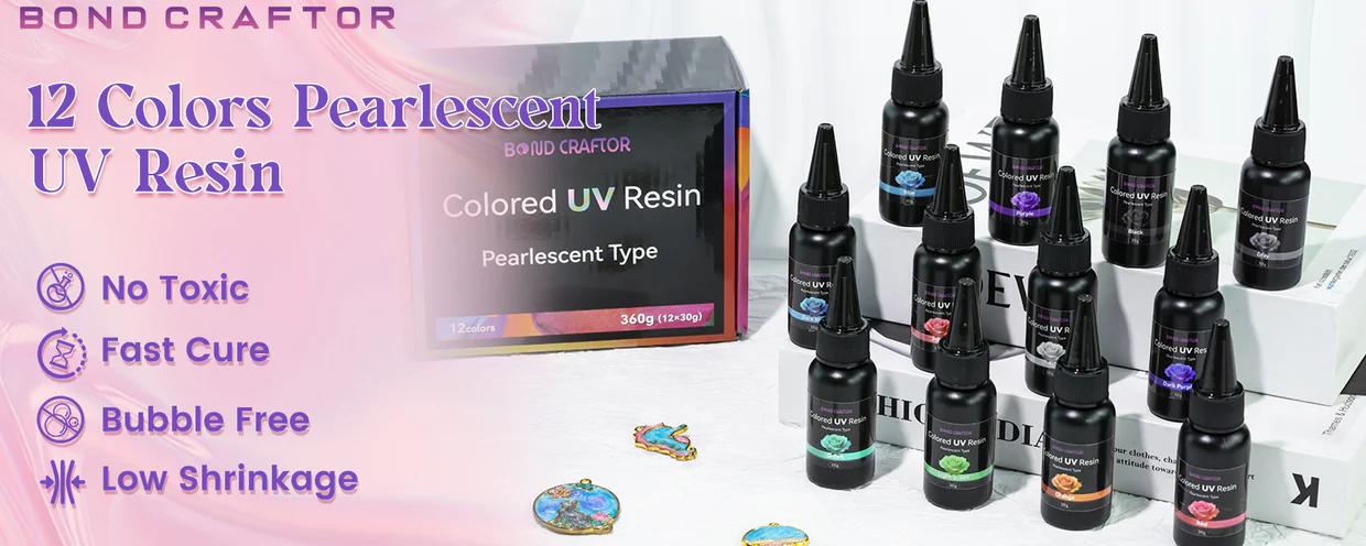 12 Color Shimmering Pearlescent UV Resin Set 30g Bottles - 360g Total High Hardness 86D UV Curing Resin for DIY Jewelry Pendants and Crafts - Non-Yellowing & Low Odor