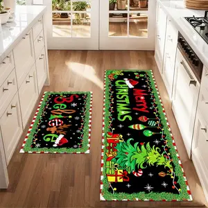 2Pcs Merry Christmas Christmas Tree Lights Floor Mat Set Farmhouse Kitchen Rug Dining Room Flooring Laundry Room Decor Carpet Mat Home Decor Rugs Decorative Area Rug