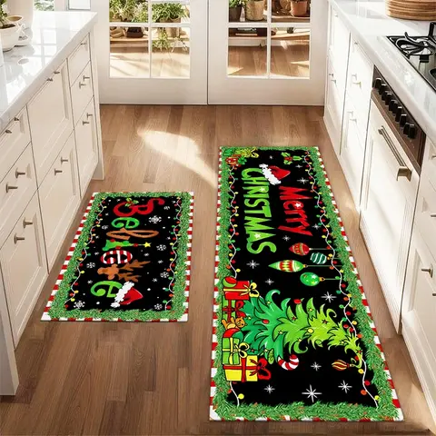 2Pcs Merry Christmas Christmas Tree Lights Floor Mat Set Farmhouse Kitchen Rug Dining Room Flooring Laundry Room Decor Carpet Mat Kitchen Floor Rugs Home Decorative Rug