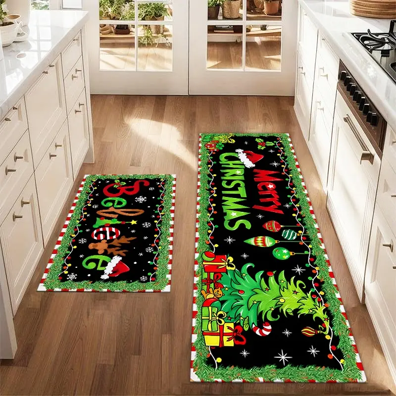 2Pcs Merry Christmas Christmas Tree Lights Floor Mat Set Farmhouse Kitchen Rug Dining Room Flooring Laundry Room Decor Carpet Mat Kitchen Floor Rugs