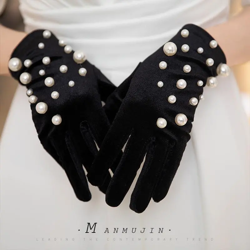 Women Wedding Dress Photography Short Black Golden Velvet Pearl Photo Glove Winter Full Finger Cycling Driving Warm Mitten M90