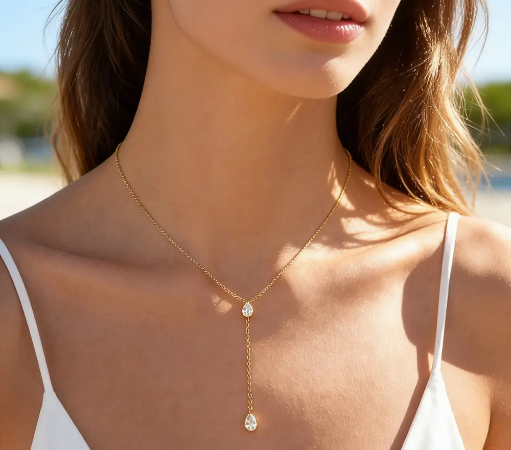 Women's 18 Karat Gold Plated Teardrop Zircon Lariat Necklace - Stainless Steel Y-Shaped Chain, Dangling Crystal Pendant, Minimalist Elegant Waterfall, Formal, Polished, Narrow Gold Metal, Layered Metallic Costume Jewelry, Layered Metallic Necklaces