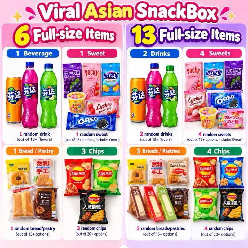 6 or 13 Full-Size Asian Snack Box Assortment - Sweet Snacks, Chips, Ramen, Drinks - Affordable Multipack Gift Set for Exotic Flavors