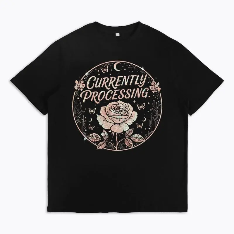 Women's Retro Aesthetic Short Sleeve Graphic Tshirt - Black, Lightweight Oversized, Rose Butterfly Moon Decor, Slogan Print, Casual Streetwear Top for Day Wear - Pair with Leggings, Skirt, Cargo Pants