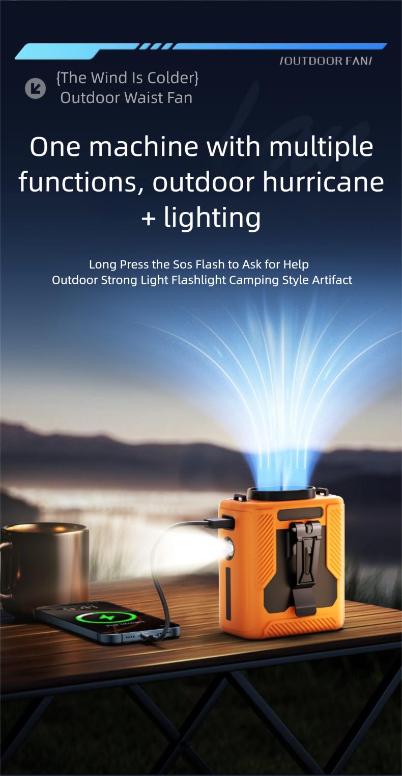 HOOYS Personal Waist Portable Rechargeable Fan, 6000mAh Battery Power bank, 5 Speeds 5300RPM Airflow, LED Light, Wearable Belt Fan for Outdoor, Jobsite, Farms, Traveling, Fishing