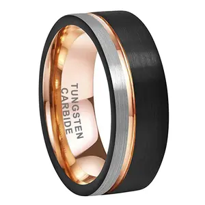 Yonifu 8mm Black Silver Rose Gold Tungsten Carbide Ring for Men Brushed Finish Wedding Band Scratch Resistant Durable Comfort Fit Anniversary Gift