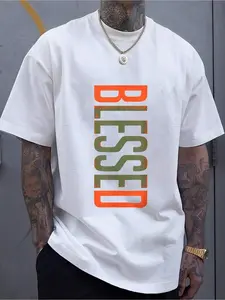 Men's 3D Printed T-Shirt - Relaxed white T-shirt with striking orange and green lettering, breathable, machine washable, casual streetwear style, suitable for gym, beach, and everyday wear - Comfortable slim-fit short-sleeved crew neck top