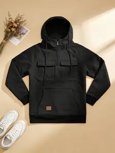 black Cargo Hoodies For Men Tactical Sweatshirt Quarter Zip Cargo PulloverHoodies Workout Gym Men Fashion Outdoor Hoodies