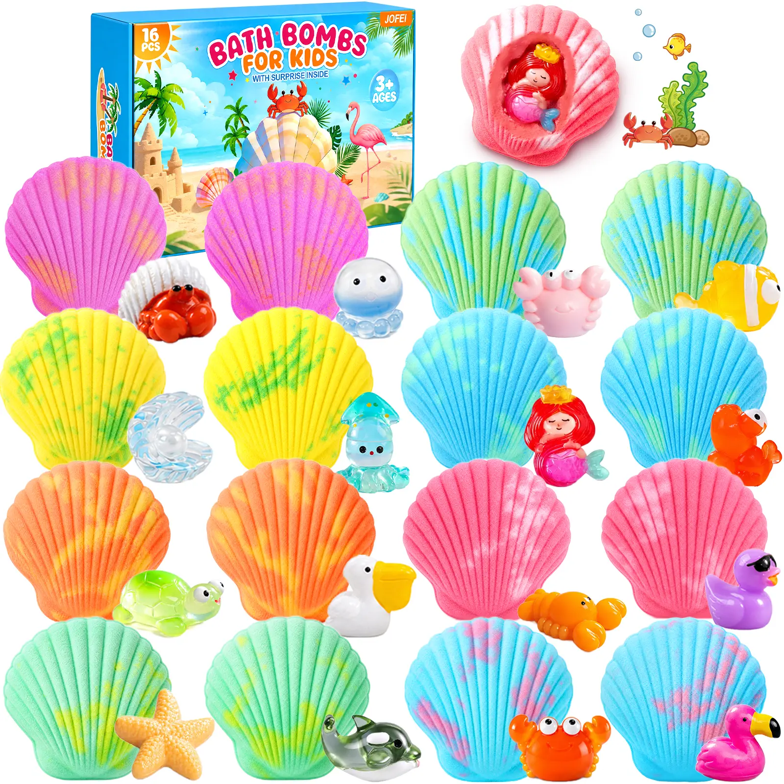 Bath Bombs for Kids with Surprise Inside, 16 Pack Shell Kid Bath Bombs Gift Set for Boys Girls, Bubble Bath Bomb with Toys Inside