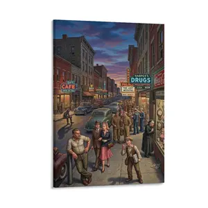 2D Frameless Vintage 1940s Street Canvas Print, WWII Soldiers & Neon Signs, Nostalgic Wall Art for Home/Bar/Cafe, Living Room Decor