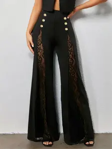 Women's Solid Button Decor Semi-sheer Wide Leg Pants, Elegant Fashion Chic Formal Casual Trousers for Daily Outdoor Wear, Women Bottoms for Summer, Loose Palazzo Pants, Wideleg Pants, Modesty Trousers