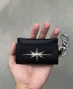 Black Leather Star-Studded Keychain Wallet - Waist Clip Mini Purse with Carabiner, Ideal for Streetwear & Alt Aesthetic Fashion Accessories