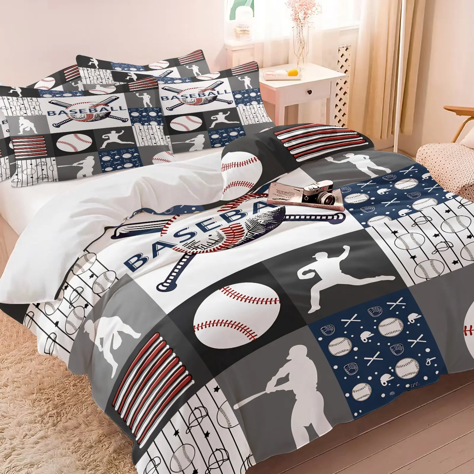 American Baseball Patchwork Duvet Cover Set and 1-2 Pillowcases No Pillows, Crossed Baseball Bats, Baseball Image, Batter Pitcher Fielder Silhouettes, Comfortable Soft Retro Bedroom Decor Gift Choice