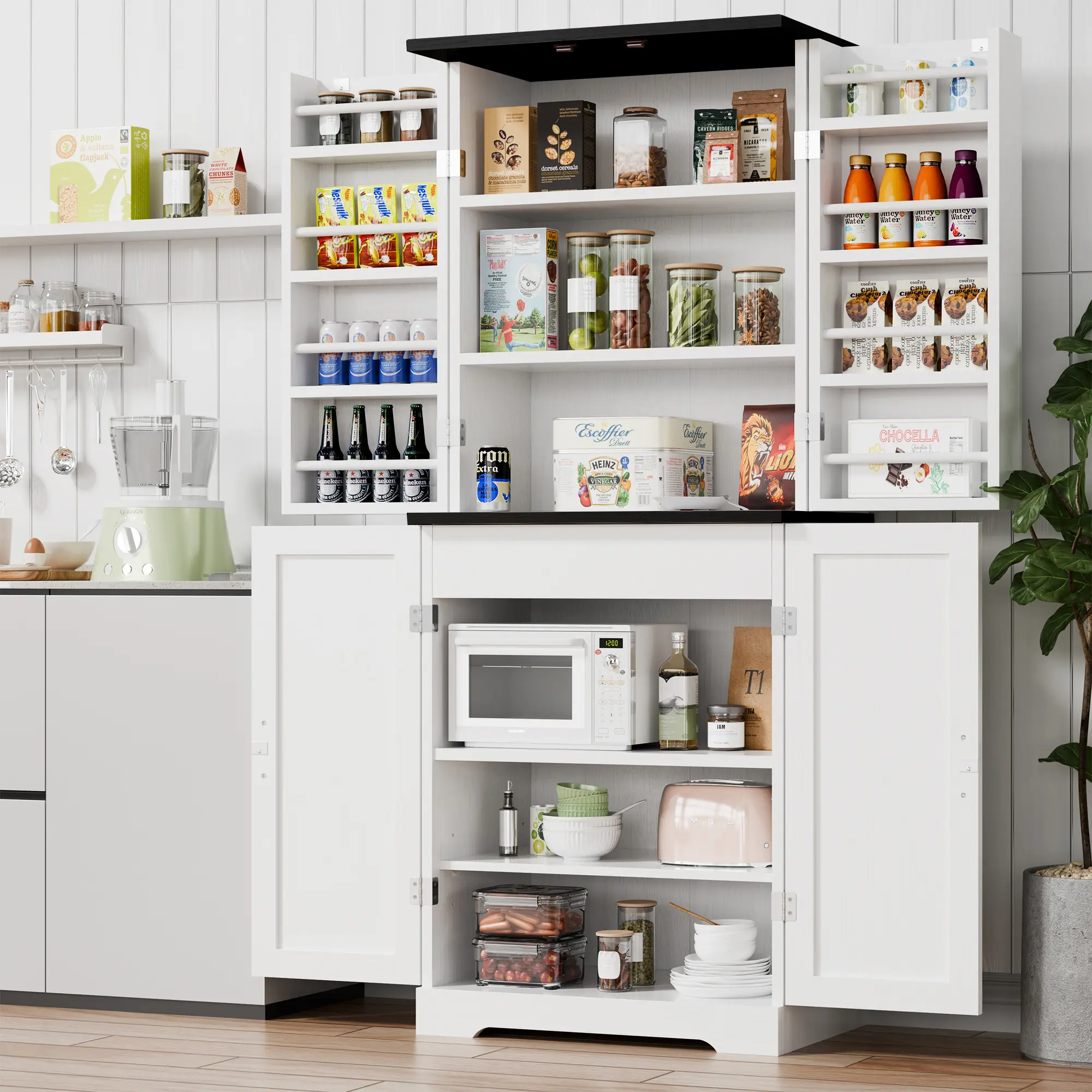 Walsunny Farmhouse Kitchen Pantry Storage Cabinet with 4 Barn Doors and adjustable Shelves ,Middle Drawers, 28x15.6x66.7in Storage Furniture for Living Room Decor, Storage Organization, Bathroom Use