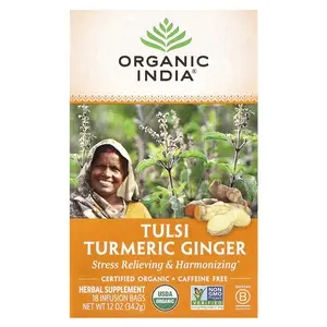 Organic India Tulsi Turmeric Ginger Tea, Caffeine-Free, 18 Infusion Bags, 1.2 oz (34.2 g)