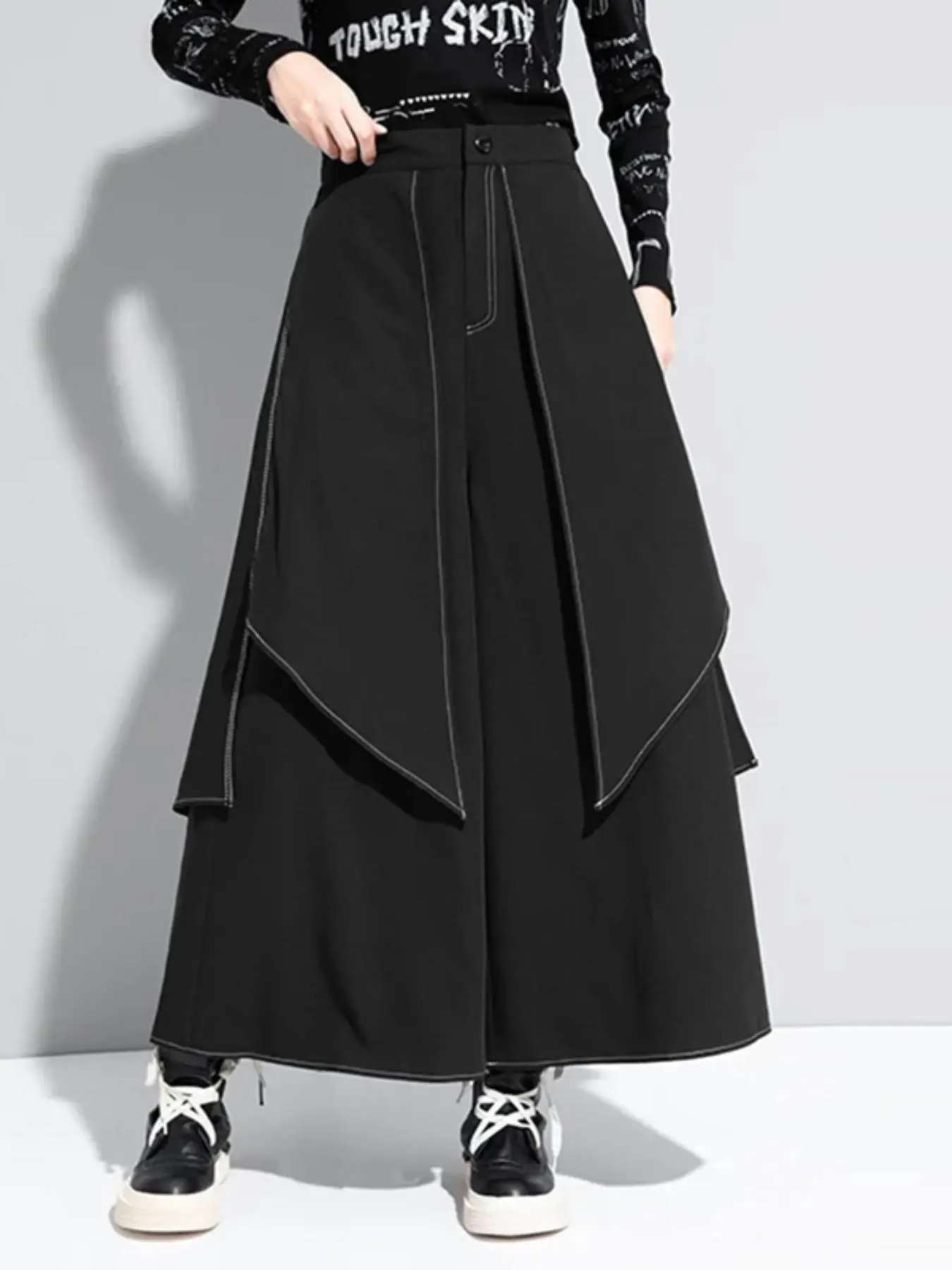 Mens High Waist Striped Long Pants Front Wrapped Trousers Culottes, Casual Fit Trousers