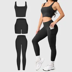3 PCS Women Workout Sets High Waisted Tummy Control Leggings & Biker Shorts with Pockets & Sports Bra Solid Color Gym Yoga Outfits For Women
