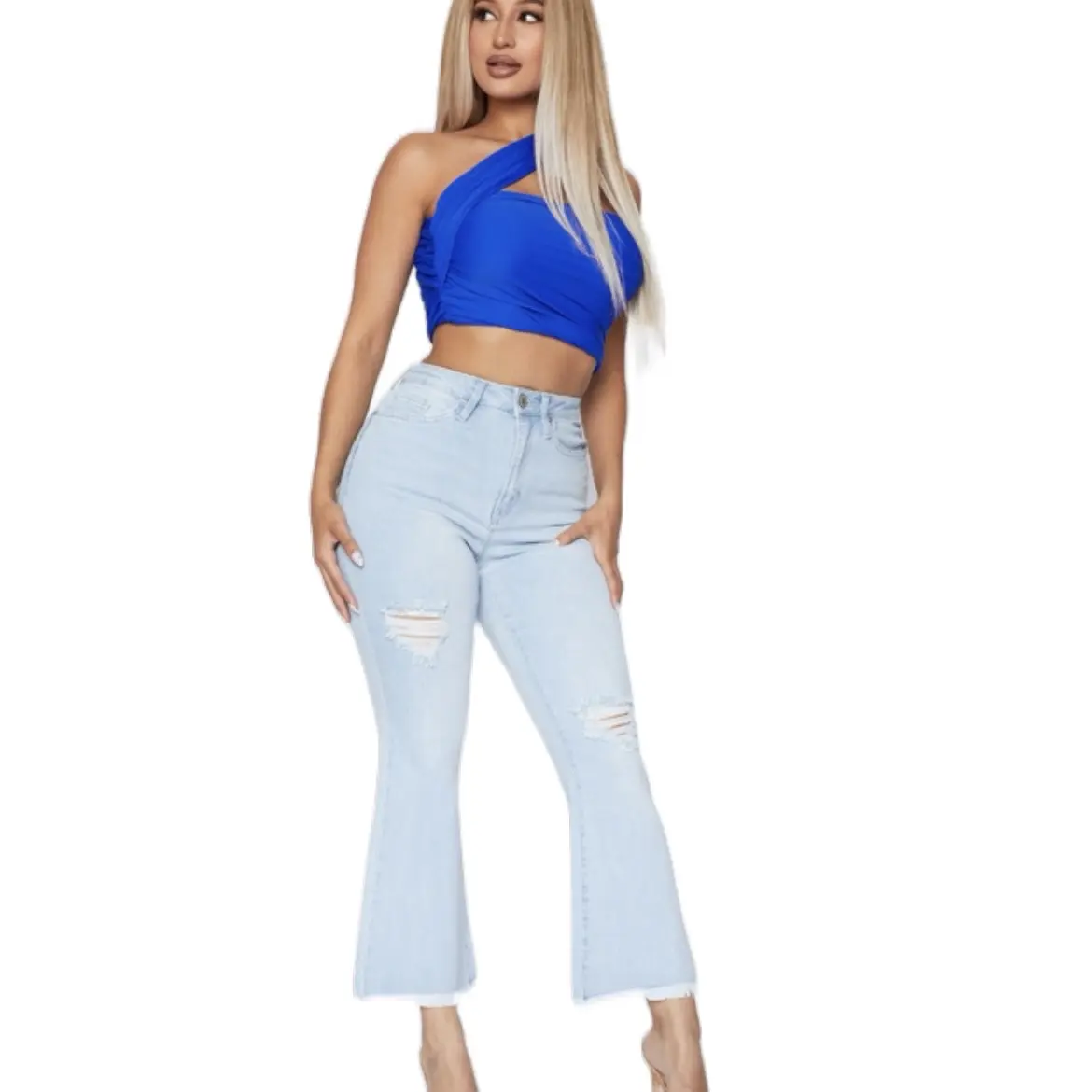 High-Rise Flare Ankle Flood Fray Hem Jeans