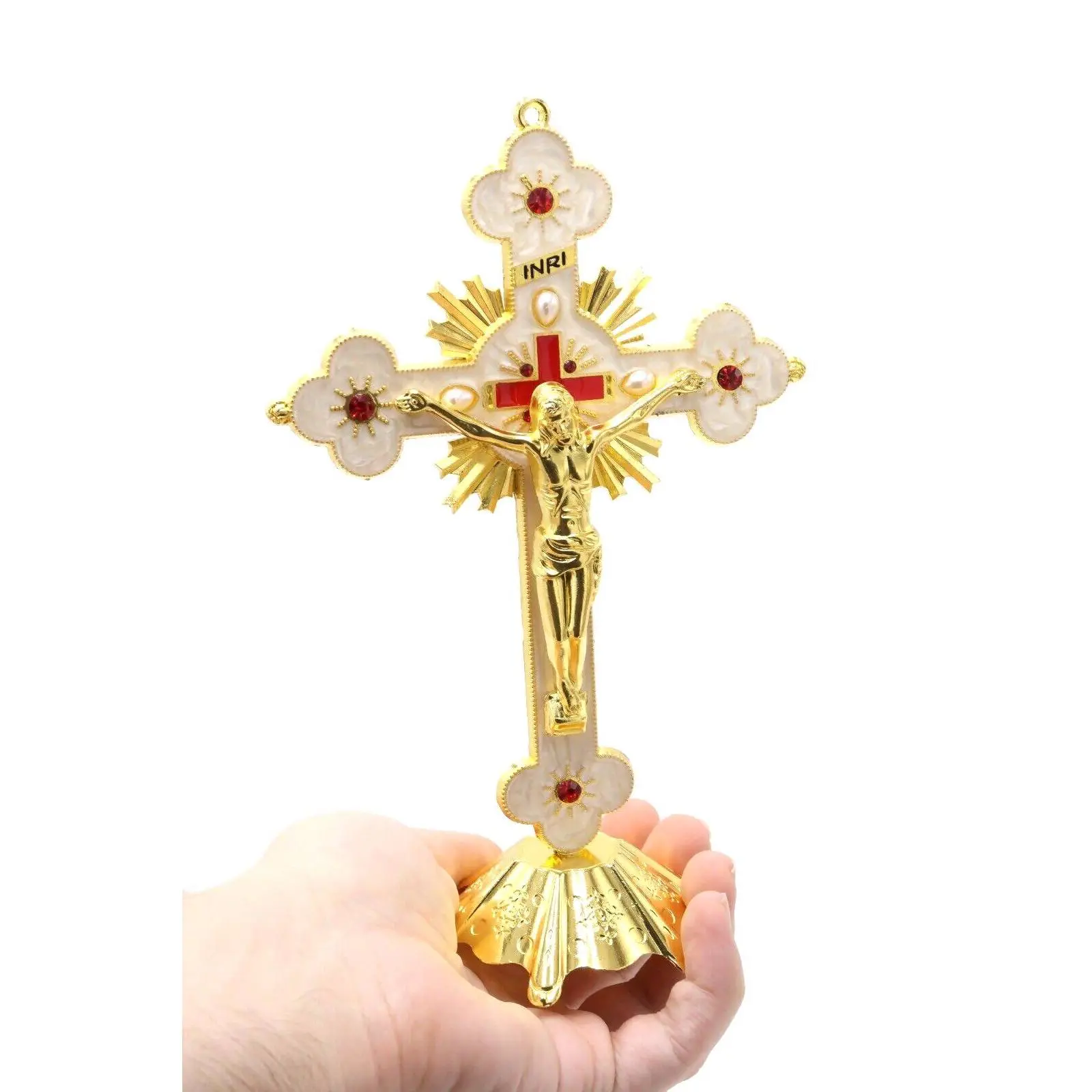 Christian Cross JERUSALEM Altar Table Metal Crucifix Standing Church Box Gold