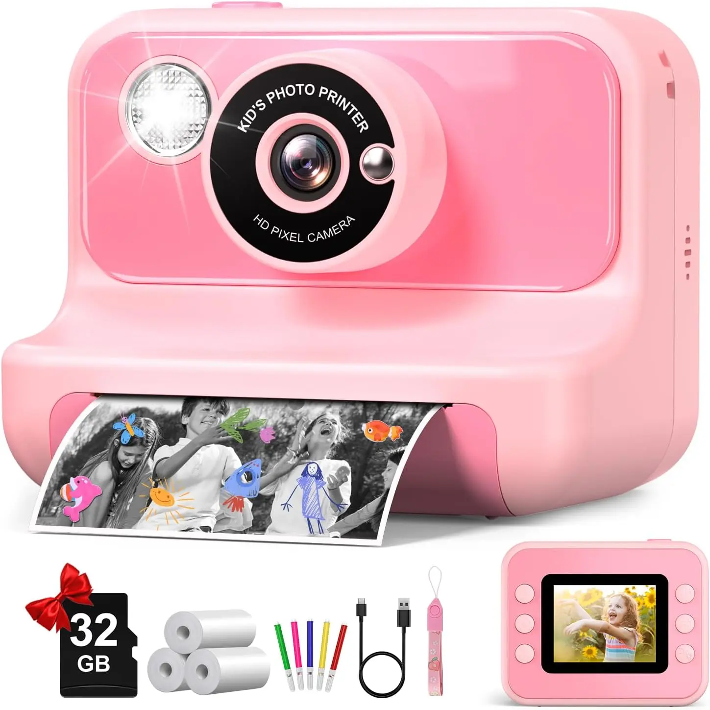 LETSHAHA Unisex Rechargeable Instant Print Kids' Toy Camera, 24MP 1080P HD Video Photography Device with 32G Card, 10x Zoom, 180° Lens Flip, Lightweight Toddler Camera for 3-12 Years Old (BackToSchool, Christmas Gift, Ink-Free Paper Included)