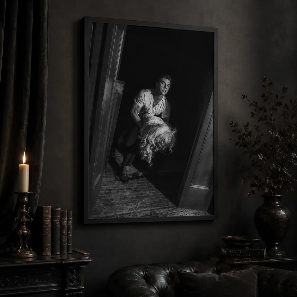 Vintage Noir Black and White Cinematic Figurative Canvas Wall Art - Moody Retro Dark Romantic Print for Gothic Home Decor