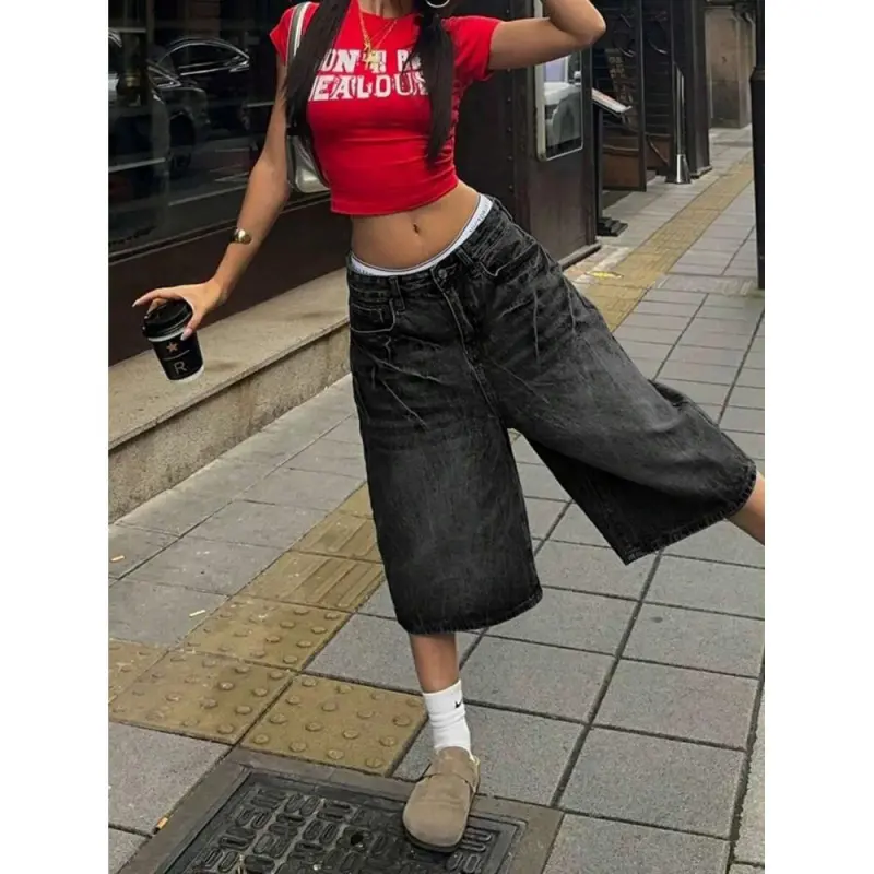 Street Vintage Washed Cat Whiskered Pocket Style Wide Leg Bermuda Jeans Denim Jorts Casual Shorts Cropped Trousers Fabric Fit Pants Streetwear jean Women Womenswear