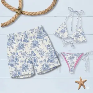 Blue Roses Floral Matching Couple Swimwear – Sexy Triangle Tie Bikini & Men’s Drawstring Swim Shorts, His & Hers Summer Beach Vacation Swimsuit