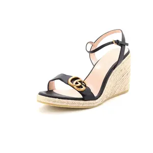 Pre-owned Gucci Women's GG Marmont Wedge Espadrille Sandals Leather by Rebag