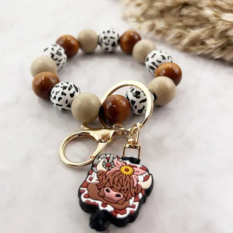 Cute Cow Pattern Beaded Wristlet Keychain, Round Beads Design, Vibrant Colors, Comfortable Feel, Perfect Gift for Friends & Colleagues, Trendy Cute Keychain, Stylish Keyring, Fashion Keychain
