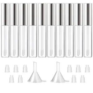GTHER 10PCS 10ML Empty Lip Gloss Containers Tube with Wand, Refillable Lip Balm Bottles, Lipstick Sample Container and Funnel and Rubber Stoppers for Girls DIY Lip Samples, Silver Top