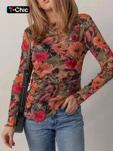 Floral Print Mesh Long Sleeve Top, Women's Casual Fit Round Neck Ruffle Hem Blouse, Casual Trendy Shirt, Spring & Fall Fashion, Womenswear, Shirts
