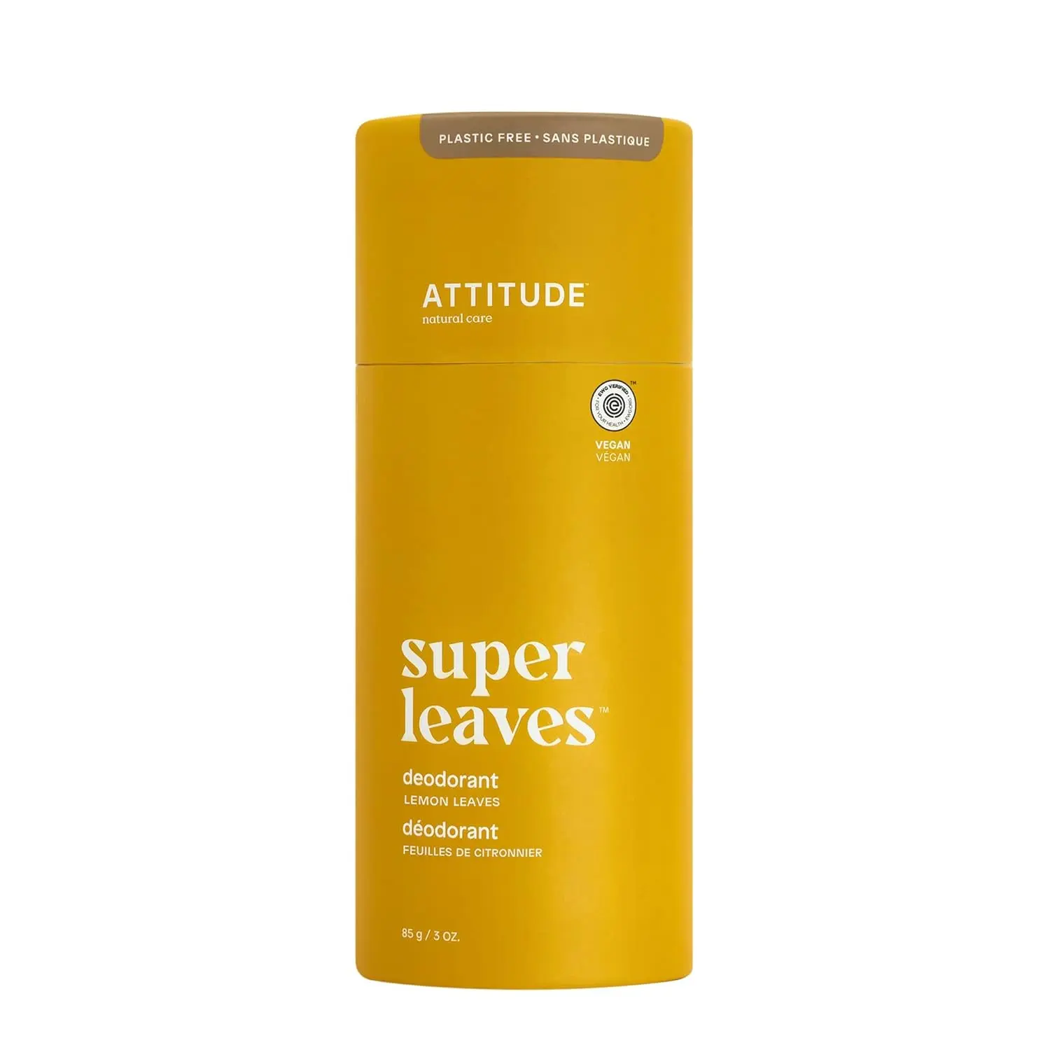 ATTITUDE Plastic-Free Deodorant, EWG Verified, Aluminum Free, Vegan Naturally Sourced Body Deodorants for Women & Men, Dermatologically Tested, Lemon Leaves, 3 Ounces