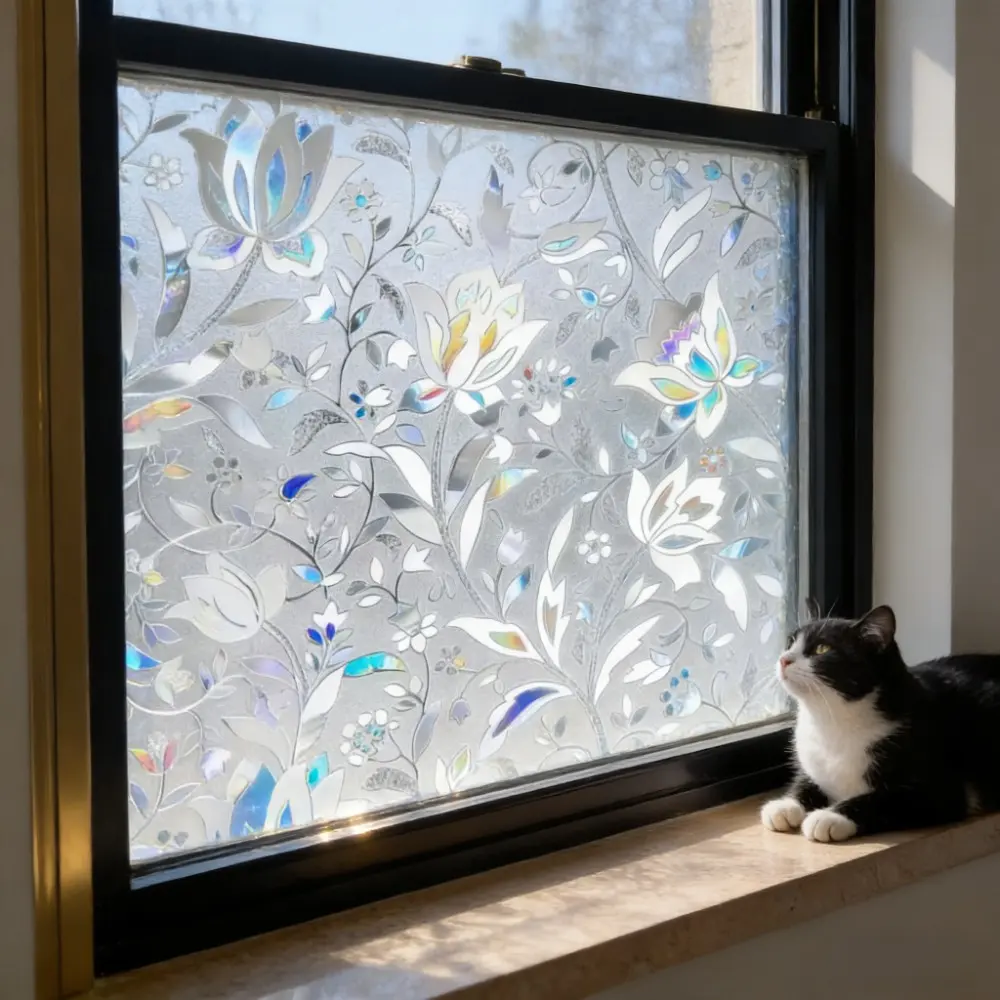Privacy Window Film Static Cling Self Adhesive, Decorative Translucent Floral & Leaf Pattern, Iridescent Color Changing, PVC Material, Removable for Bathroom, Bedroom, Office, Decorative Decal, Sticker Decorations, Interior Film