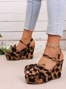 Women's Bow Leopard Print Buckle Wedge Sandals, Sexy Fashion, Perfect for Nightclubs, Parties, Outdoor Wear, Comfortable Thick Sole Shoes