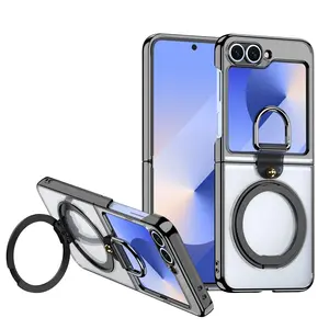 High-End Electroplated Transparent Phone Case for Samsung Galaxy Z Flip7/6/5, Stand Included, Ring Holder, Anti-Drop Foldable Cover