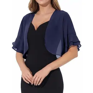 Chiffon Ruffled Short Sleeve Bolero, Sheer Open Front Cropped Cardigan, Elegant Bridesmaid Cover Up for Evening Dresses & Formal Events