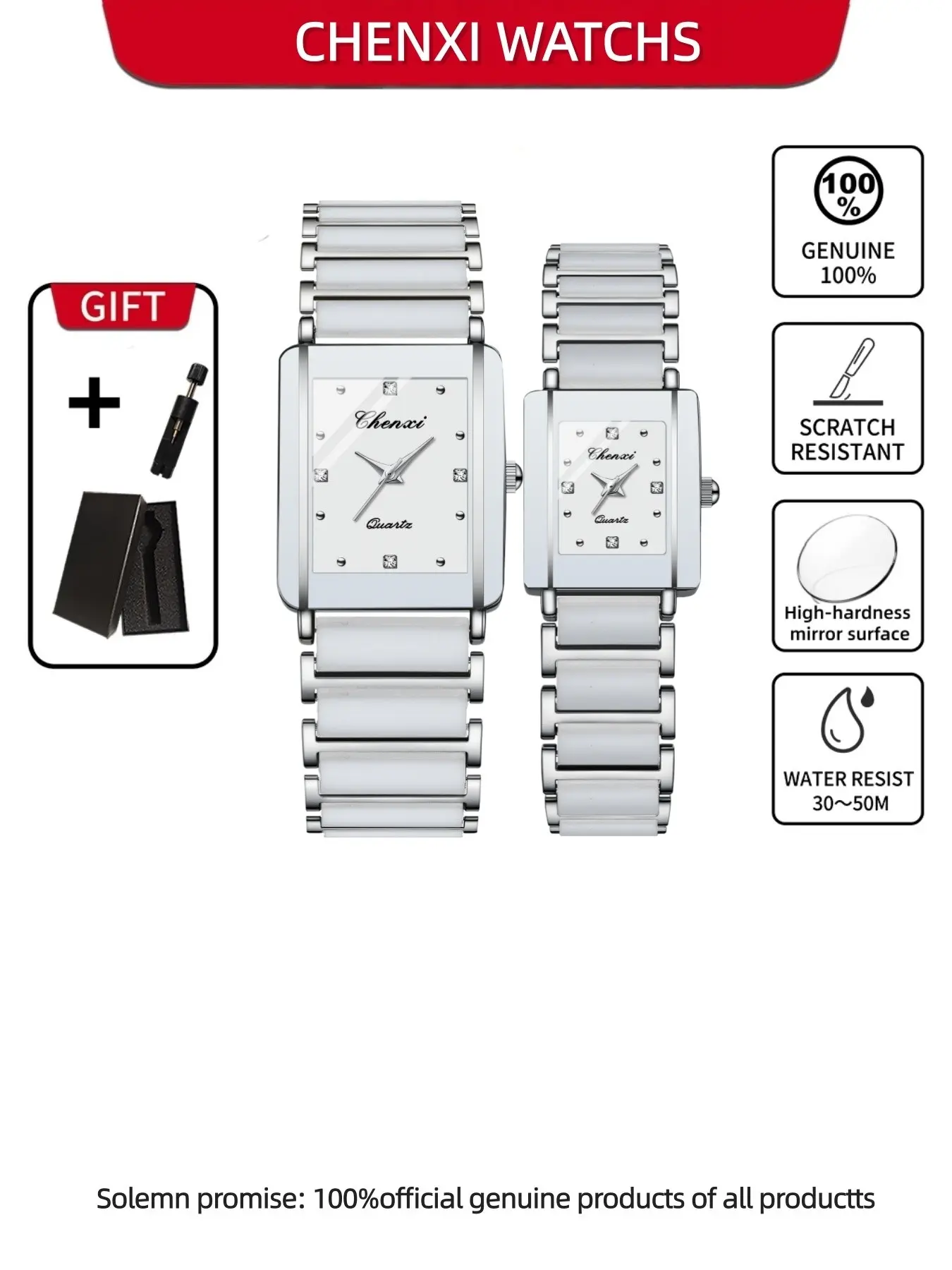 CHENXI couple watch set simple and compact couple watch exquisite and romantic quartz watch daily wear waterproof stainless steel strap watch Square Dial Wristwatch