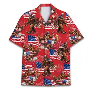 Bigfoot Firework Hawaiian Shirt, Patriotic Aloha Shirt, USA Flag Print, Summer Vacation Party Wear, Gift for Him