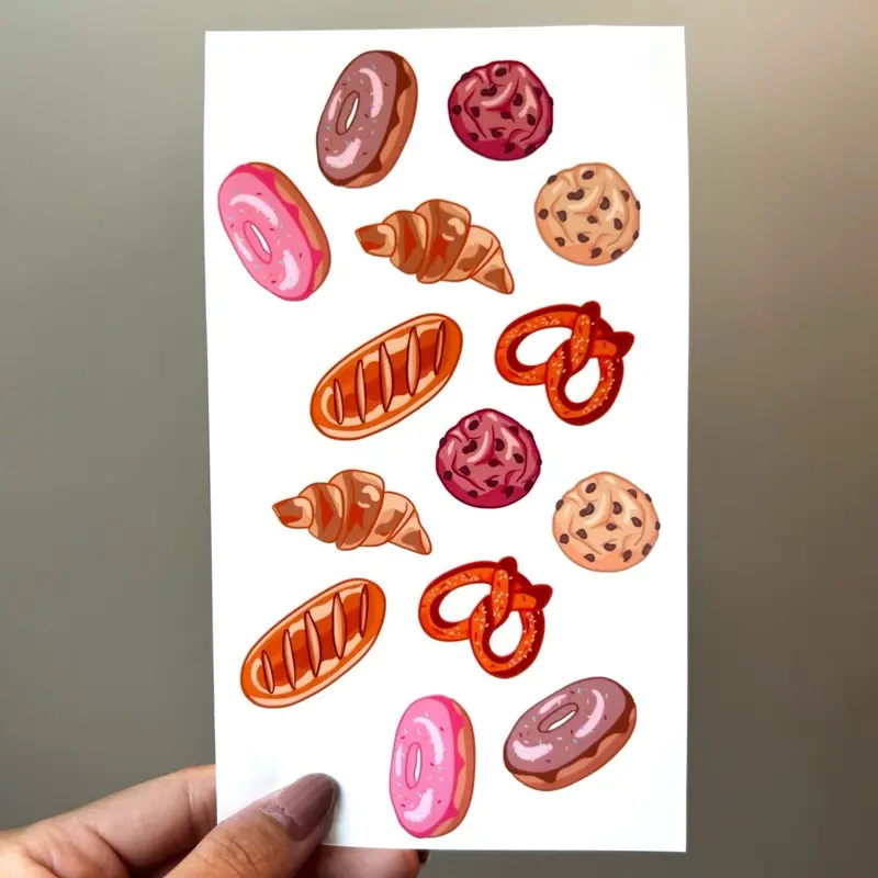 Bakery Sticker Sheet - Featuring Assorted Donuts Croissants and Cookies for Decorative Use