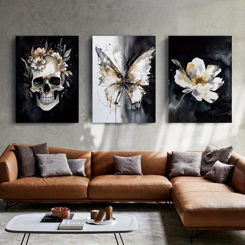 Framed 3 Pieces Skull Pansy Canvas Poster Black and White Gothic Wall Art Witch Wall Decor Perfect Gift for Friends and Family Flower Skull Butterfly Abstract Wall Art Canvas Print Home DecorAlready frameddopamine decor gifts boyfriend poster