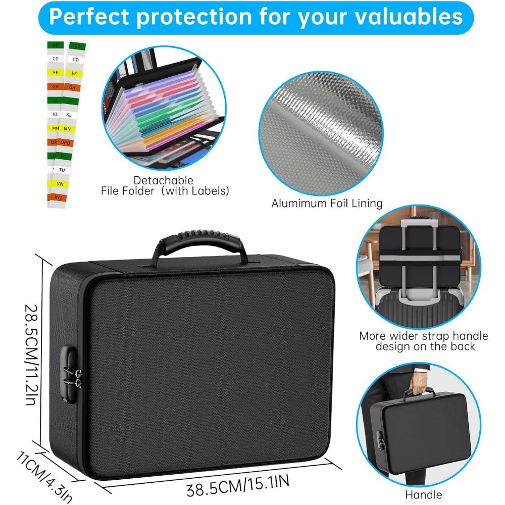 Fireproof File Box 5200℉, 15"×11.2"×4.3" File Bag, Foldable File Organizer with 13 Pockets and Labels, Lockable Portable File Storage Box, Black