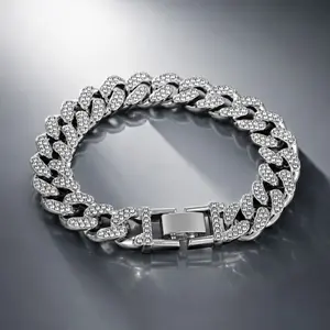 13mm Iced Out Cuban Link Bracelet, Silver-Plated Full Diamond Bling Chain with Shiny CZ Inlays, Hip Hop Streetwear Costume Jewelry, Bracelets for Women & Men for Party, Daily Wear