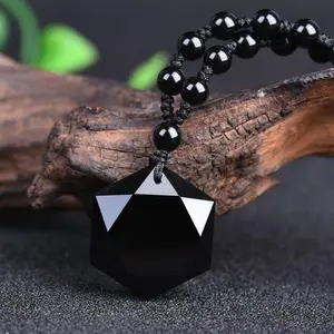 Natural Crystal Gemstone Pendant Necklace, Hexagram Shaped Obsidian Pendant Beaded Cord Necklace, Healing Protection Strength Inner Peace Balance Necklace, Women Men Adjustable Necklace, Christmas gift, Birthday gift, Gift for Women Men Anniversary Daily