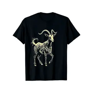 Men'S Black Goat Graphic T-Shirt with White Goat Head & Horns Print - Soft Breathable Fabric, Minimalist Cartoon Goat Face Design, Regular Fit Short Sleeve Round Neck Tee for Casual Casual Attire, Farm Visits & All-Season Comfort - Durable Comfortab