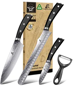 【TikTokShopJumpstart】CoquusAid Essential Kitchen Knife Set, 4 Pcs Professional Damascus Pattern Chef Knives Set without Block, German Stainless Steel Sharp, for Bread, Meat Cutting, Fruits, Vegetable, Bbq, Home Cooking, Gift Box, Valentines Day Gift