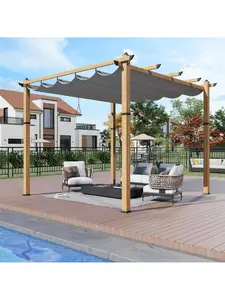 Gaomon 10x10 Ft Wood-Texture Aluminum Pergola Backyard, Aluminum Frame, 4-Sided Support, Retractable Shade Canopy, Easy-Install Sun Shelter for Garden, Patio