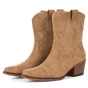 IUV Cowgirl Boots for Women Short Cowgirl Ankle Boots with  Almond Pointed Toe Western Boots Women Chunky Heel  Country Boots  for Comfortable Walking Shoes Classic Booties