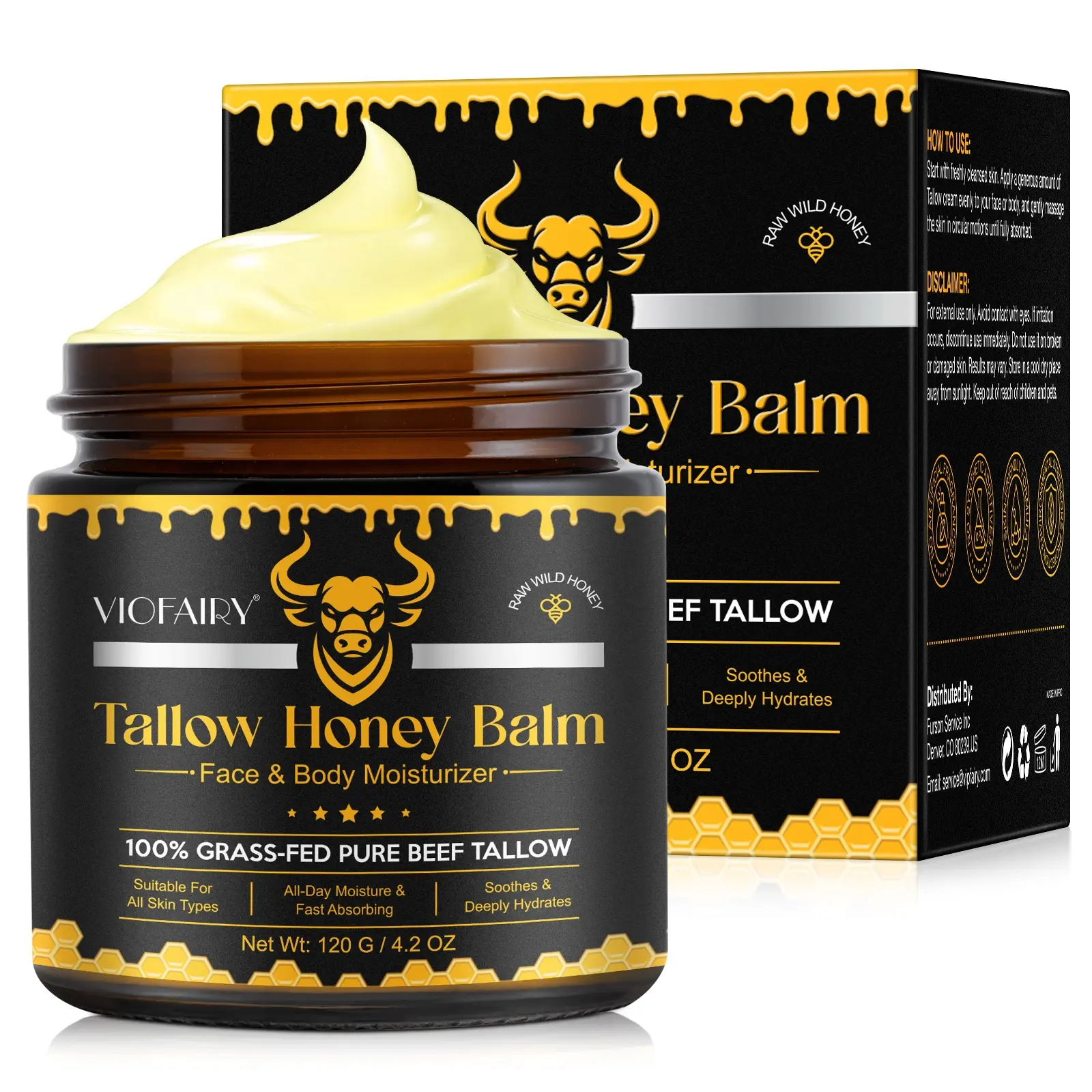 VIOFAIR Tallow Honey Balm 120g - Handmade Moisturizer, Deep Hydrating Moisturizer for Face and Body, Winter Skin Care Body Lotion, Moisturizing