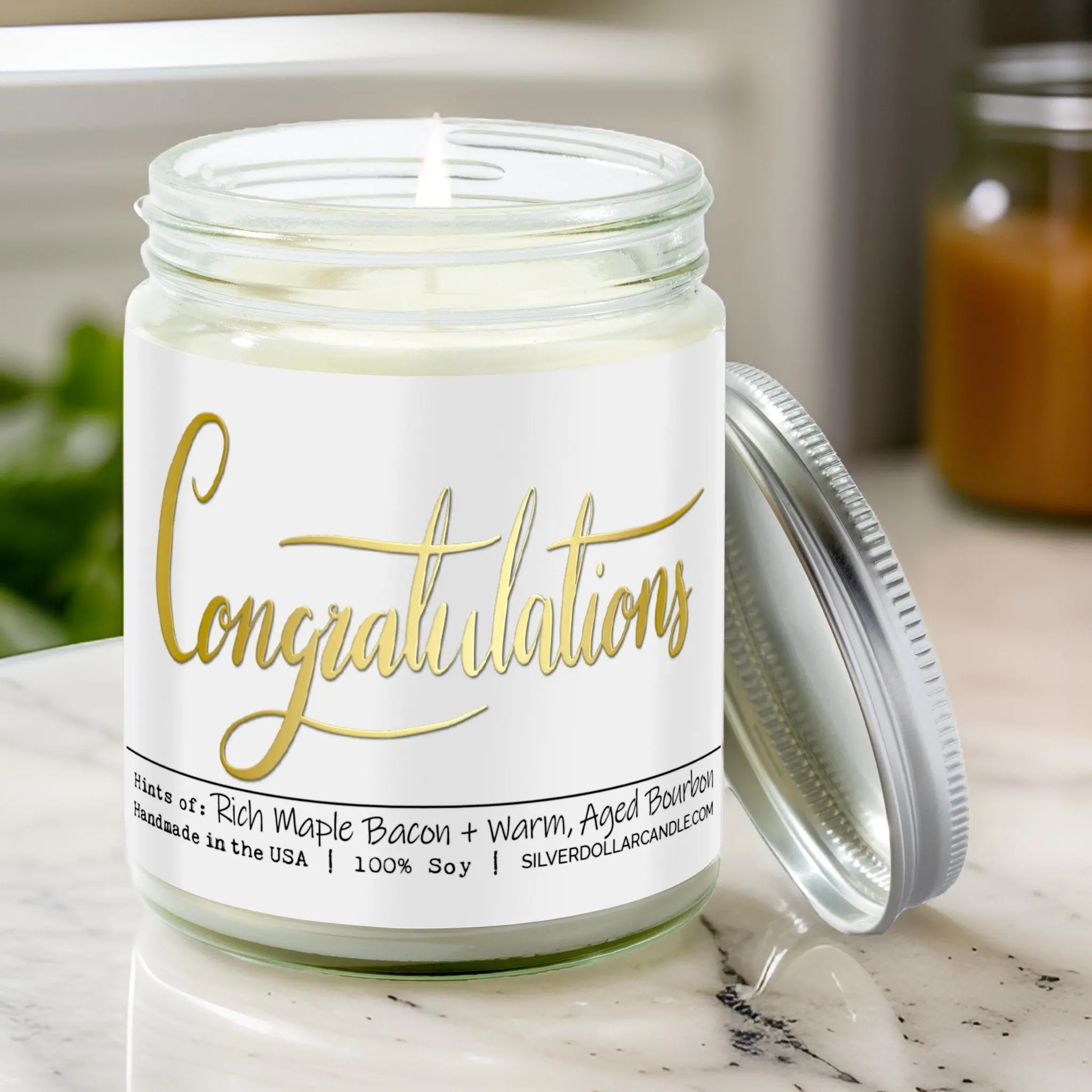 Congratulations! - 9oz Hand-Poured Soy Wax Candle, Maple Bacon & Bourbon Scent, Veteran Owned, Eco-Friendly Packaging